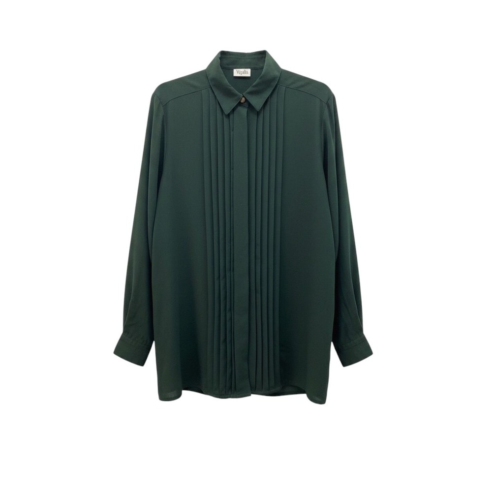 Viyella Blouse Womens UK 12 Forest Green Pure New Wool Pleated Front England